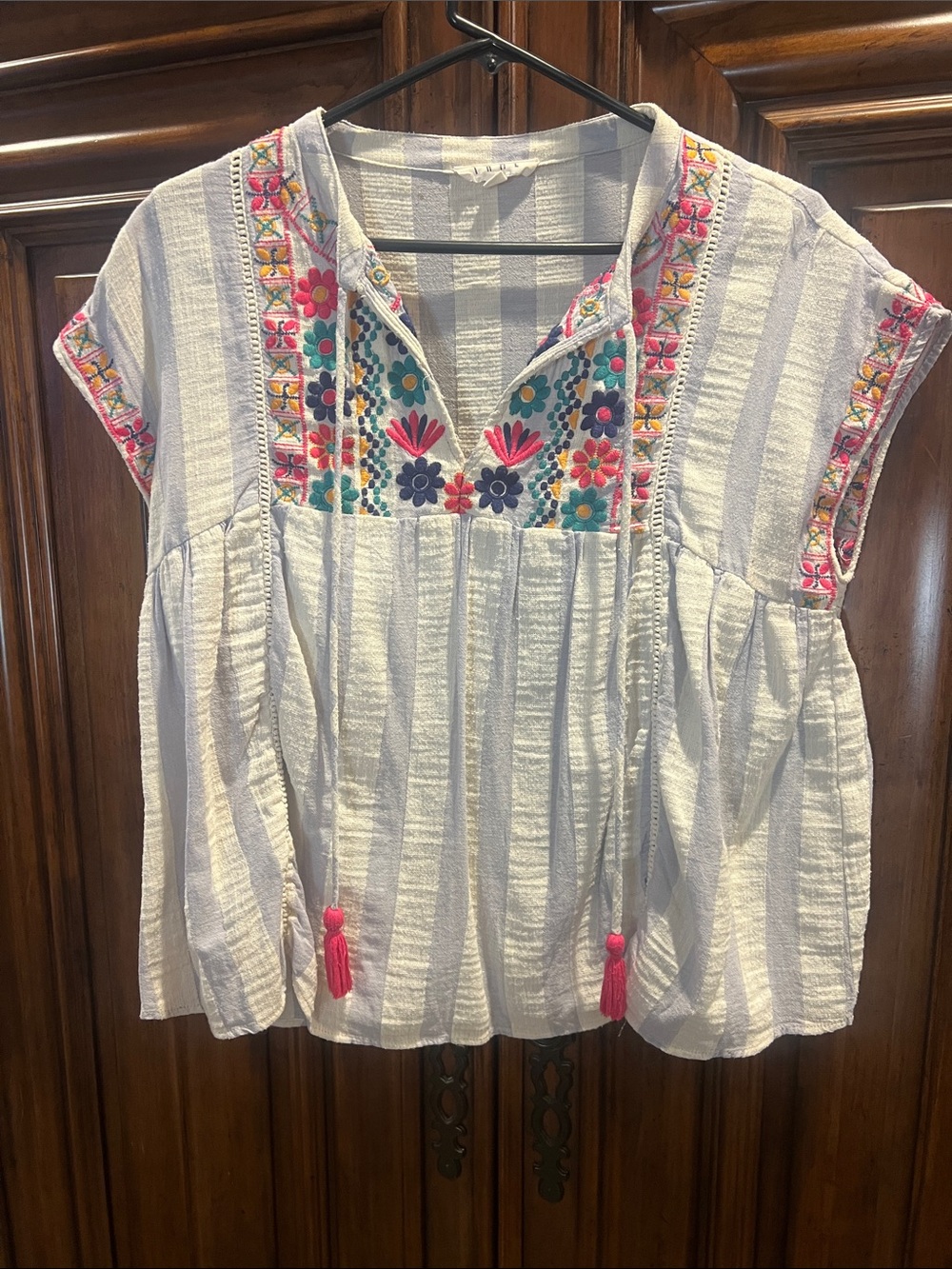 THML White Embroidered Peasant Tunic with Pink Tassels